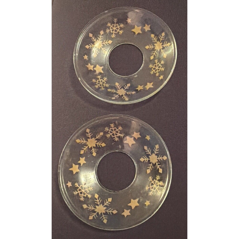 2 Vintage Clear Glass Bobeche Candle Wax Catcher Collar - Gold Snowflakes Winter